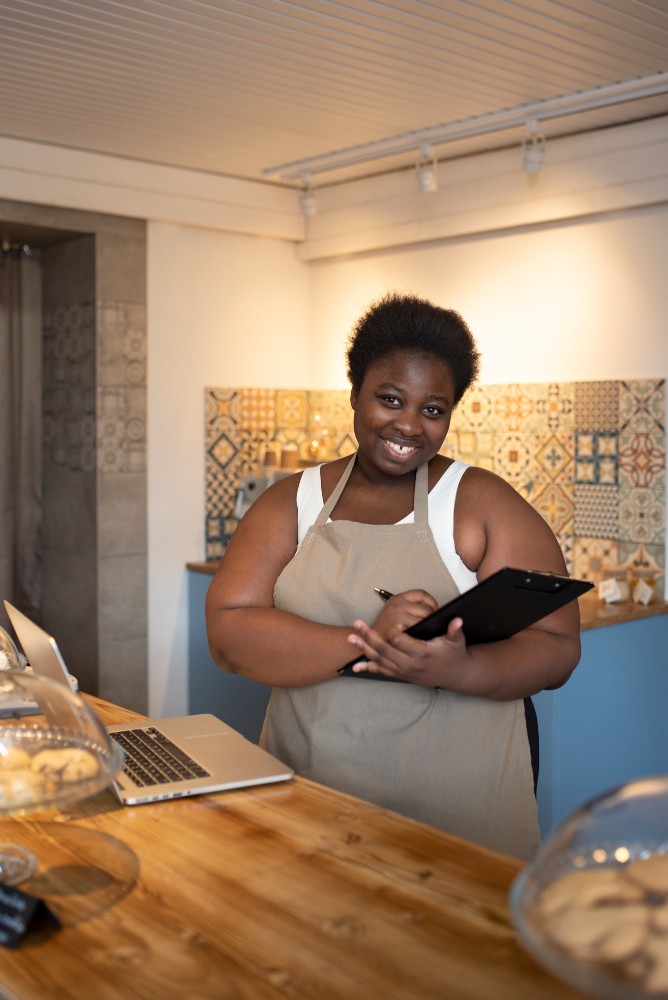 A bakery owner taking stock notes at the counter