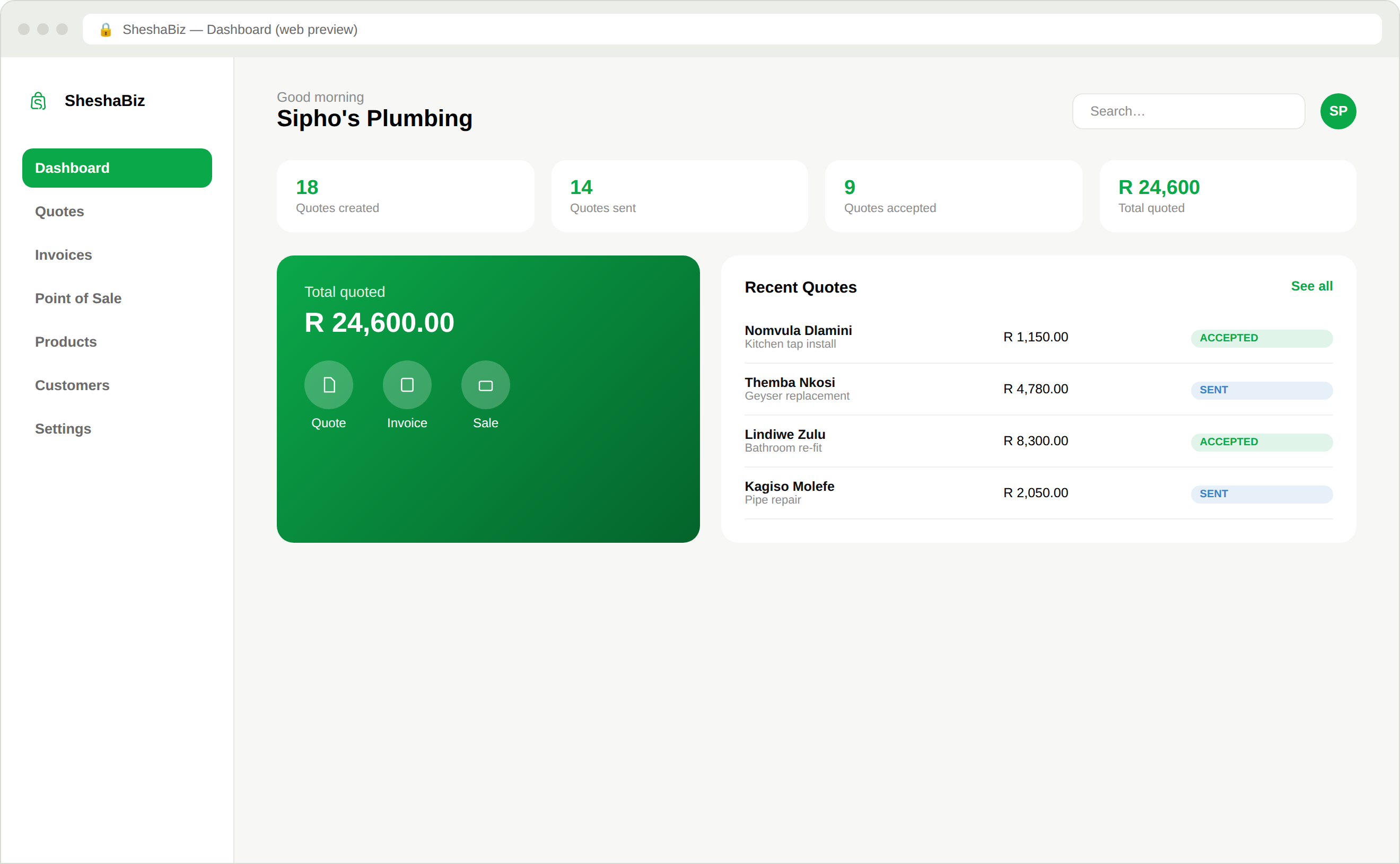 SheshaBiz dashboard concept in a desktop browser