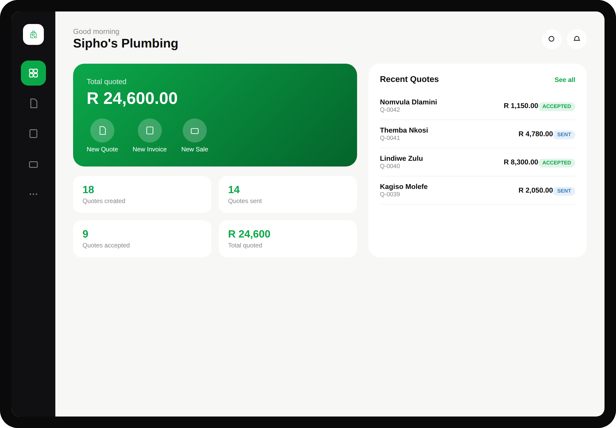 SheshaBiz dashboard concept on a tablet